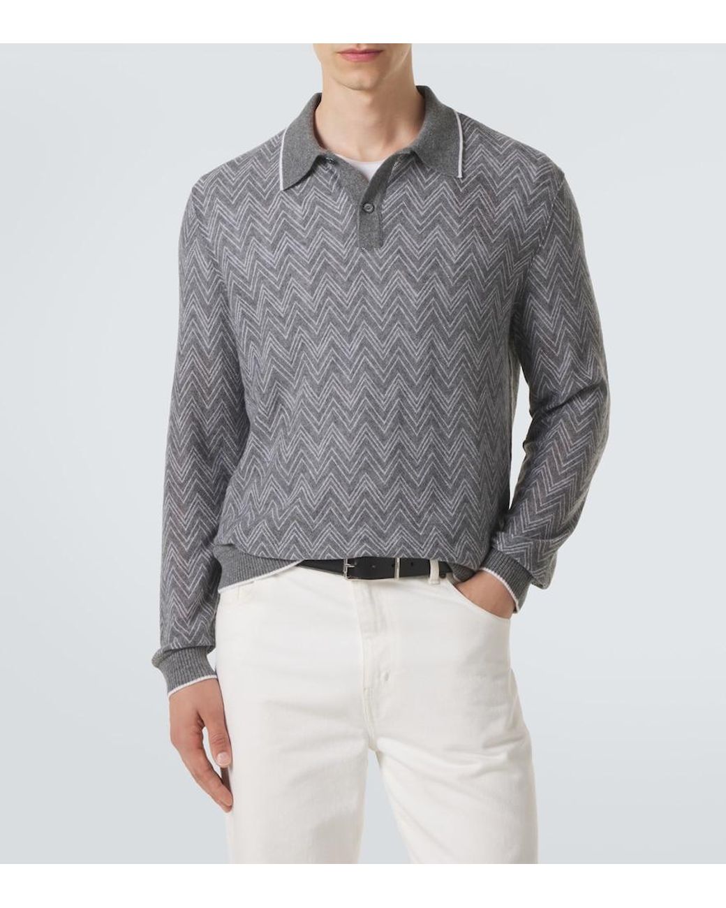 Missoni Gray Zigzag Cashmere Polo Sweater for men