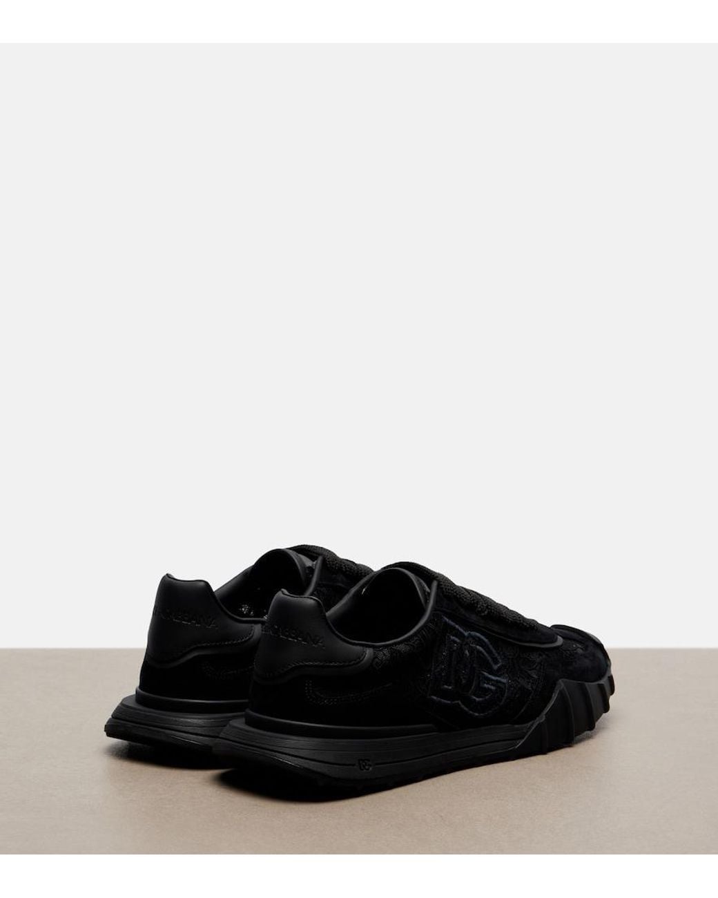 Dolce & Gabbana Black Runner Leather-Trimmed Lace Sneakers