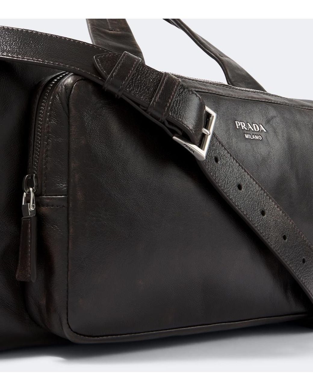 Prada Black Distressed Leather Duffel Bag for men
