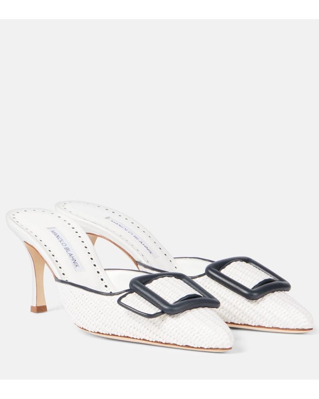 Manolo Blahnik White Maysale 70 Leather-Trimmed Raffia Mules