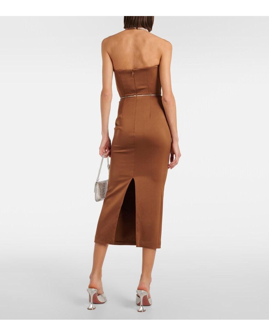Alex Perry Brown Crystal-Embellished Satin Midi Dress