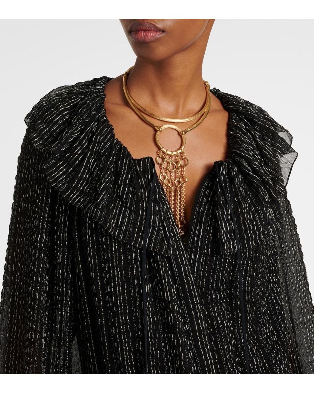 Chloé Black Ruffled Gathered Silk-Blend Gown