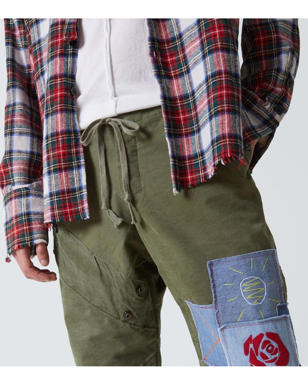 Greg Lauren Green Patchwork Cotton Sweatpants for men