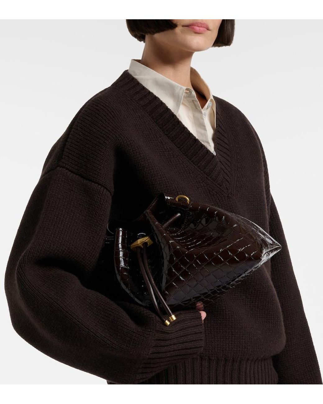 Jimmy Choo Black Cinch Medium Croc-Effect Leather Bucket Bag