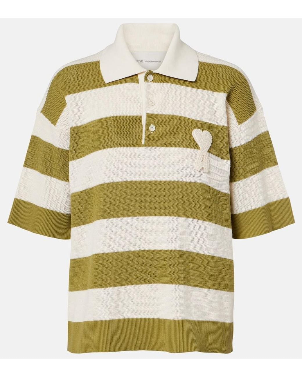 AMI Green Ami De Cour Striped Cotton Polo Shirt