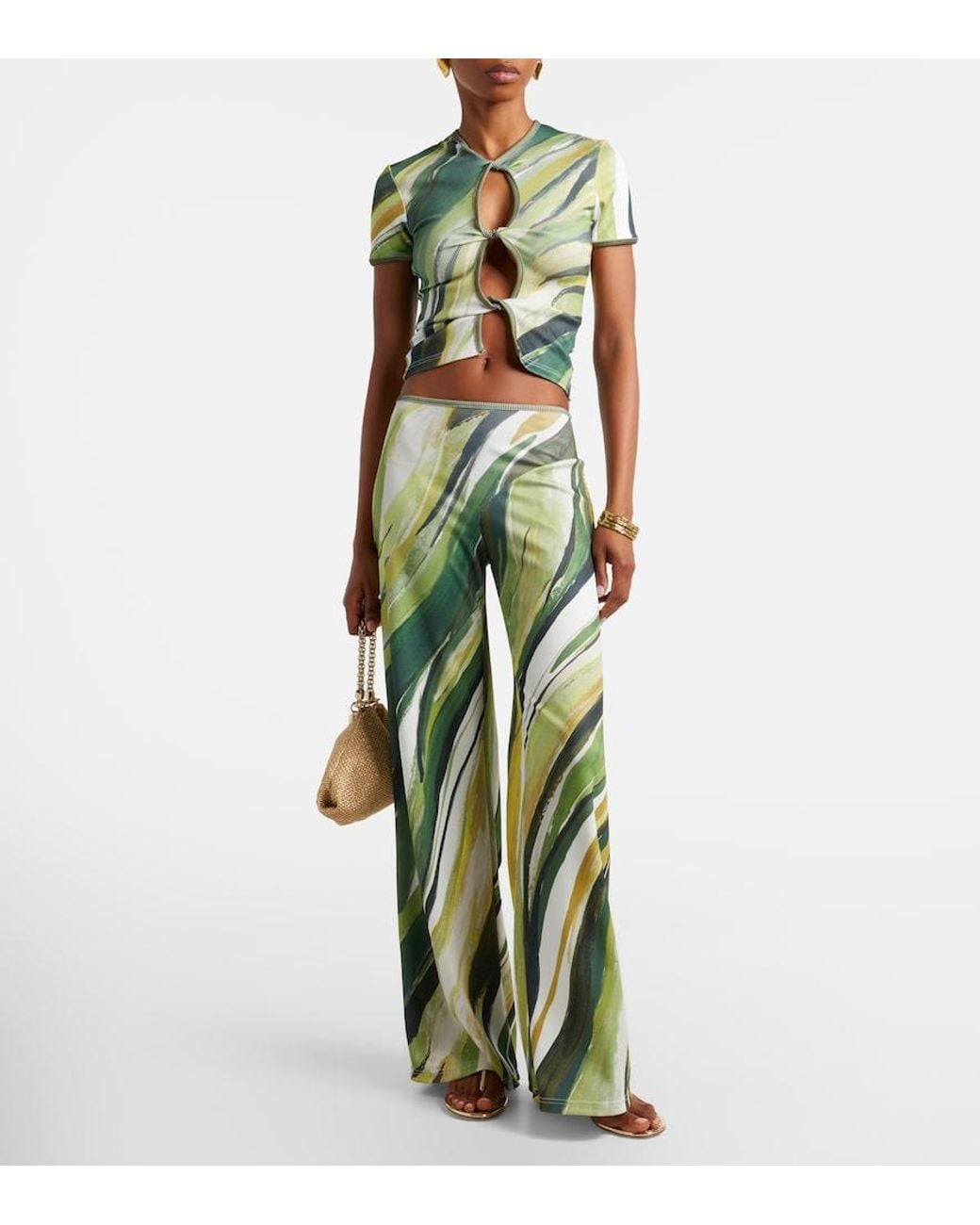 Christopher Esber Green Printed Ribbed-Knit Jersey Wide-Leg Pants