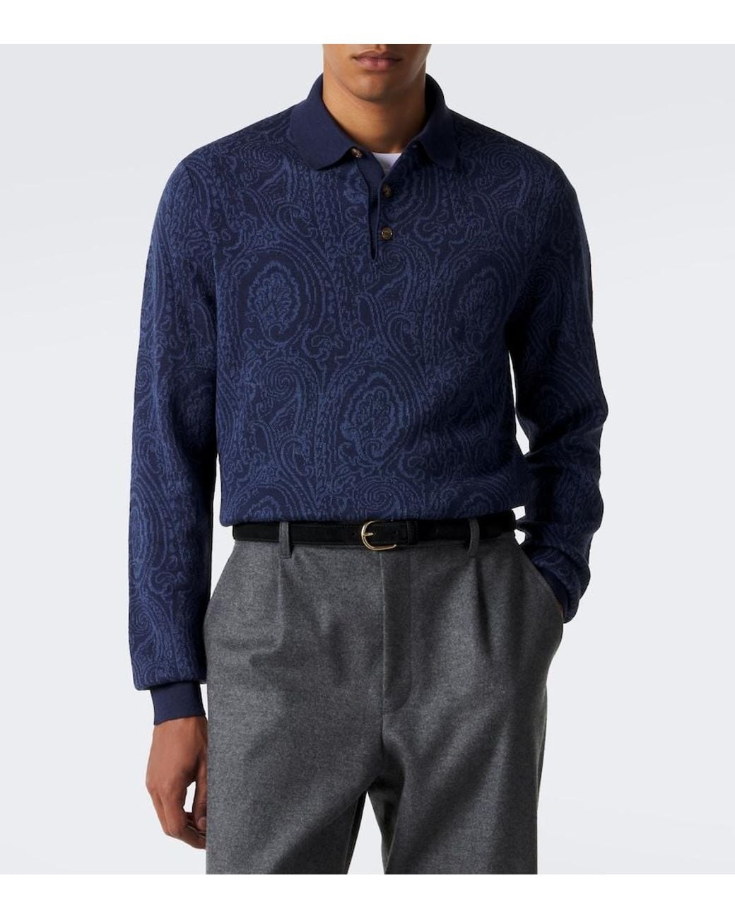 Etro Blue Paisley Wool-Blend Polo Sweater for men