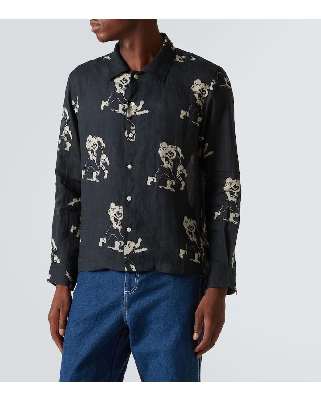 Bode Blue Football Silhouette Printed Linen Shirt for men