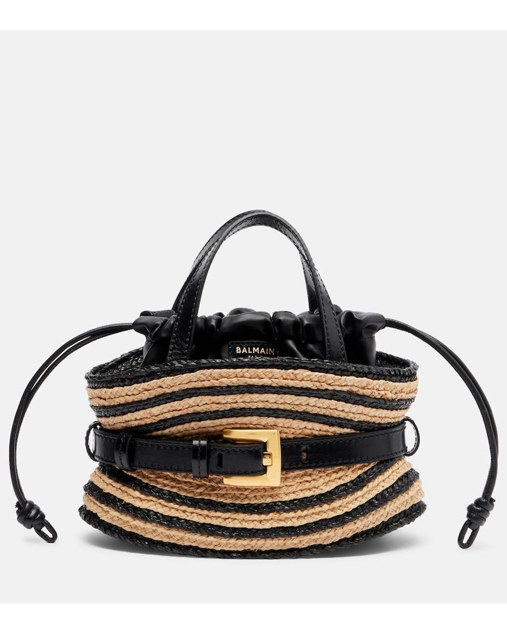 Balmain Black Raffia-Effect Striped Top-Handle Bag