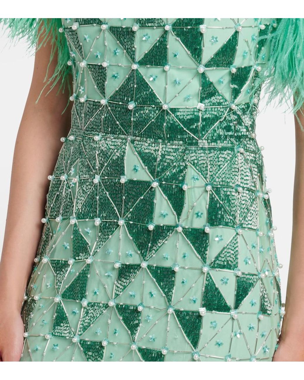 La Fuori Green Embellished Feather-Trimmed Gown