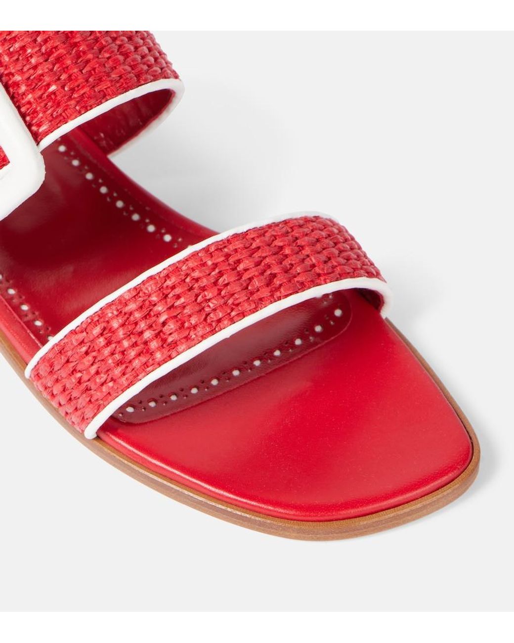 Manolo Blahnik Red Tituba Leather-Trimmed Raffia Sandals