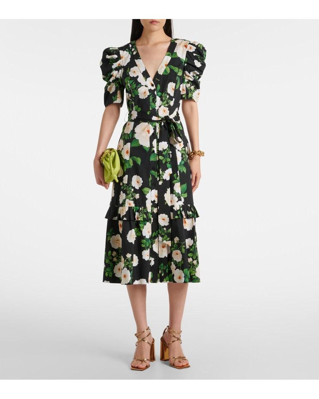 Carolina Herrera Green Floral Cotton-Blend Midi Dress
