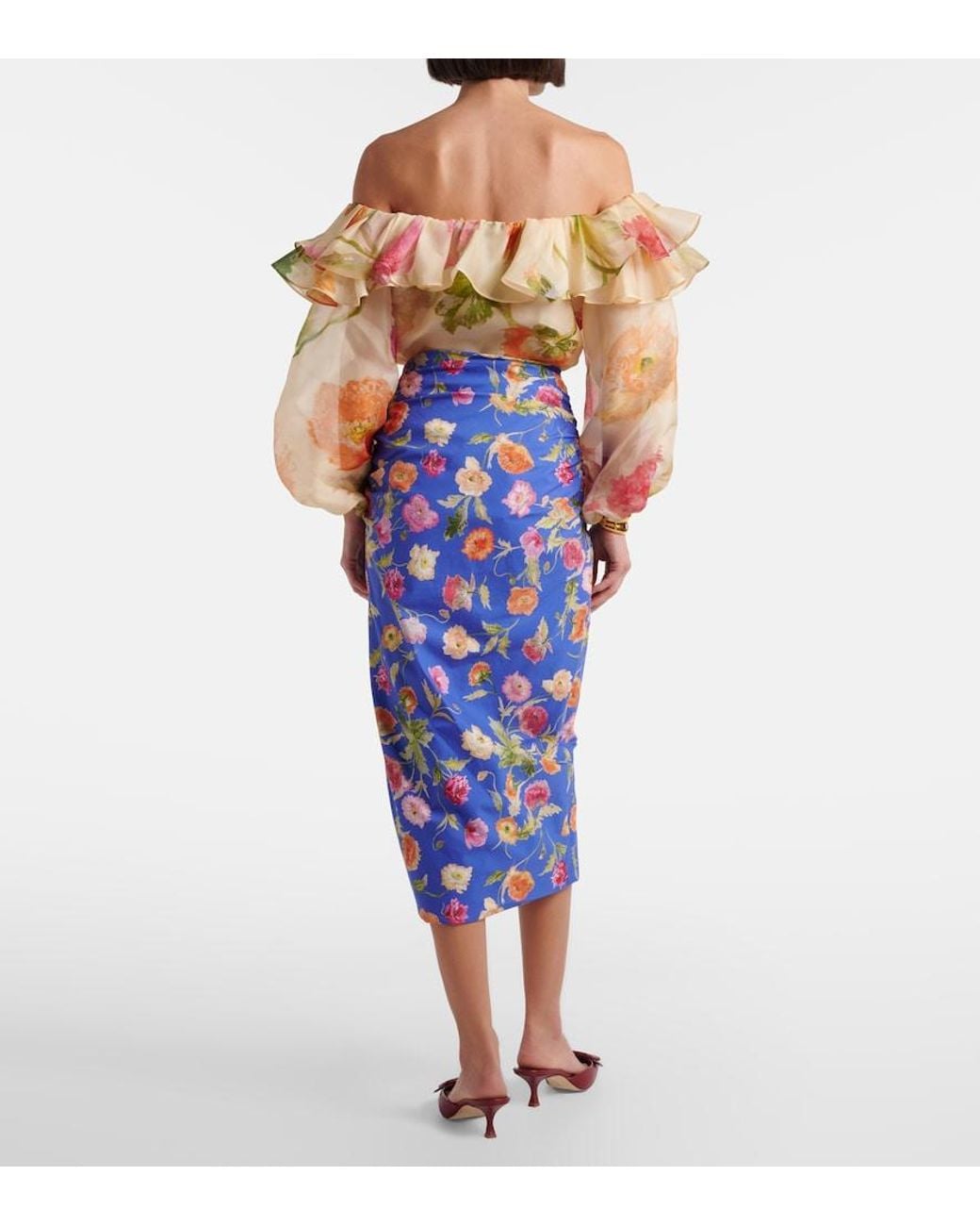 Carolina Herrera Blue Floral Ruched Cotton-Blend Midi Skirt