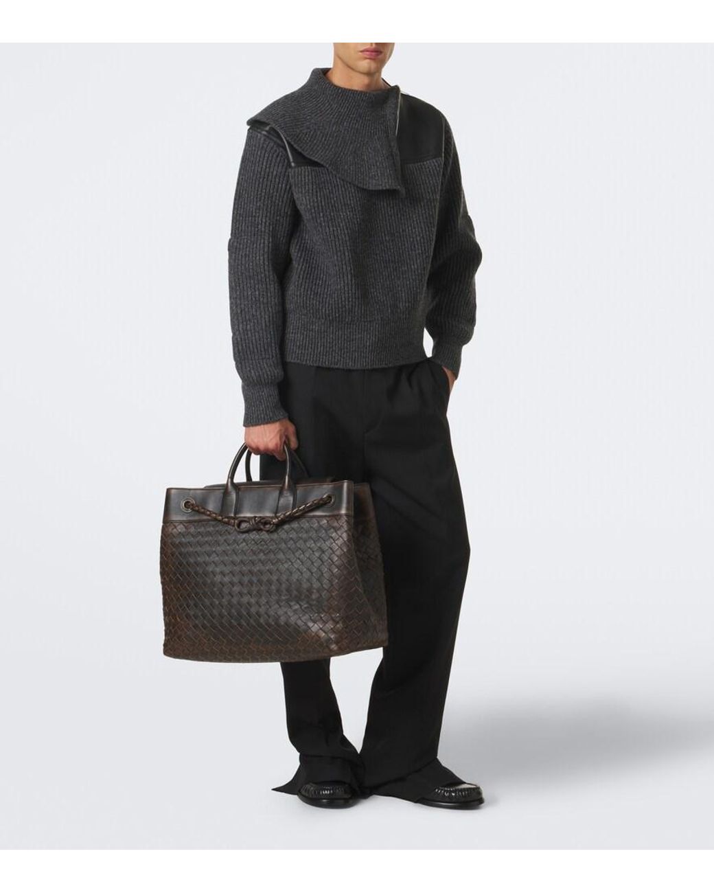 Bottega Veneta Black Andiamo Voyager Intrecciato Leather Tote Bag for men