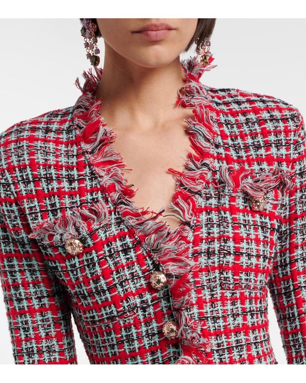 Self-Portrait Red Checked Frayed Knitted Midi Dress