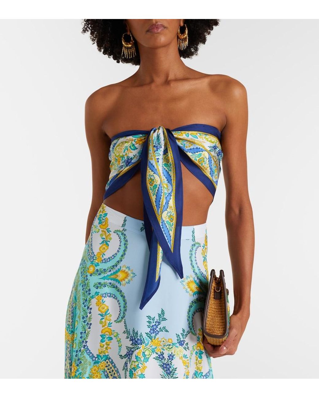 Etro Blue Printed Silk Bandeau Top
