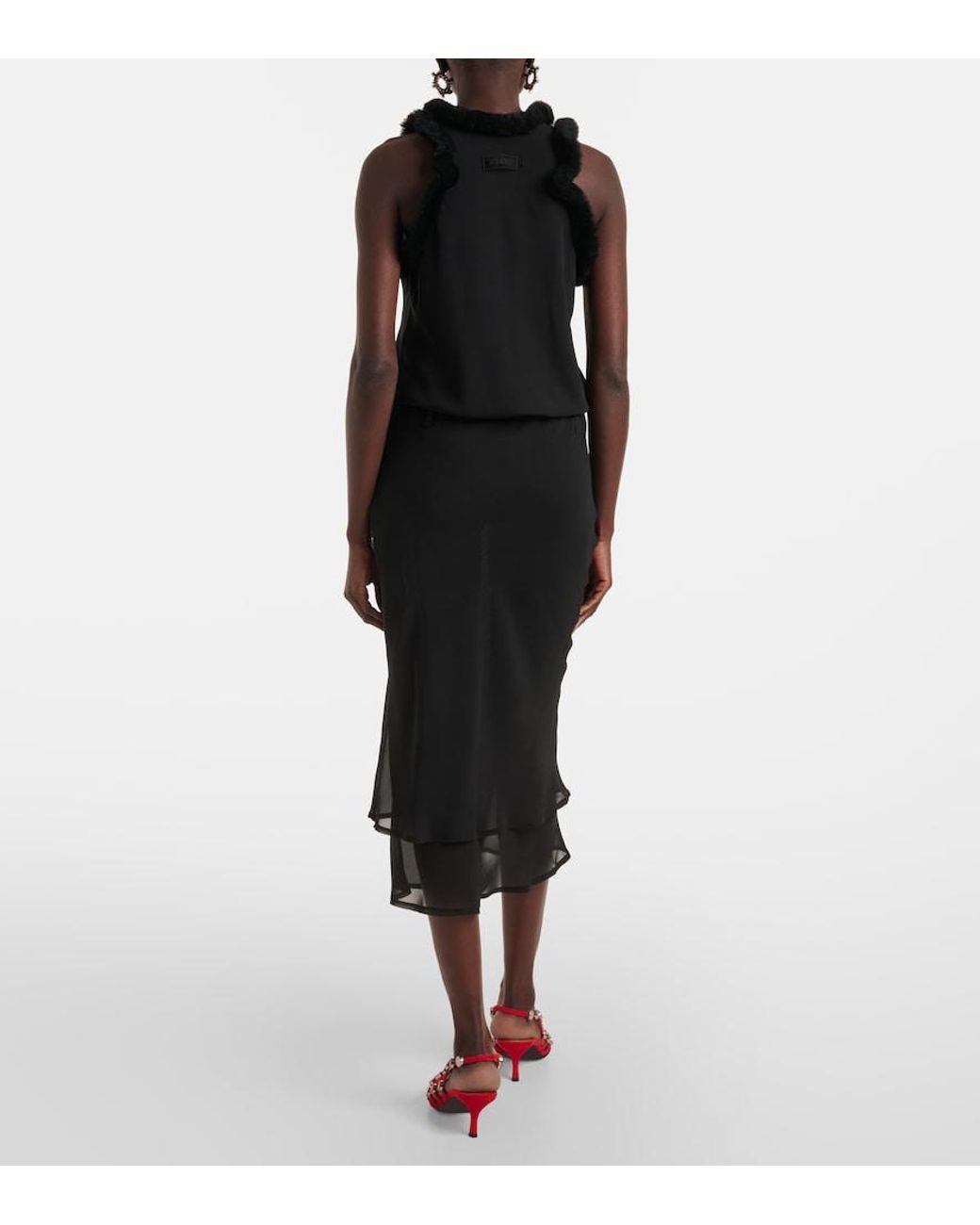 The Attico Black Faux Fur-Trimmed Midi Dress