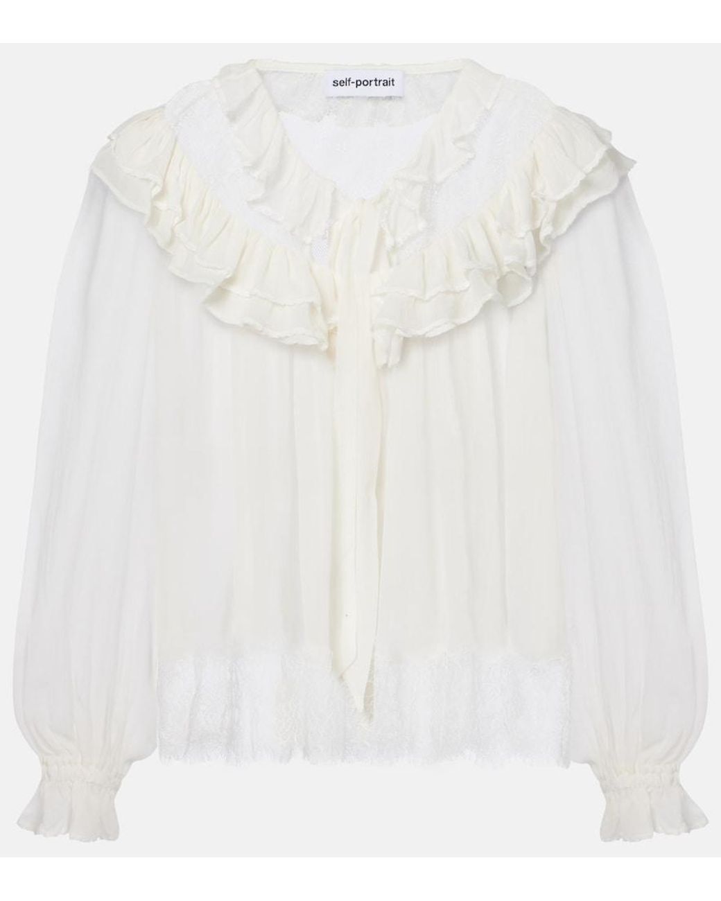 Self-Portrait White Gathered Georgette And Lace Blouse