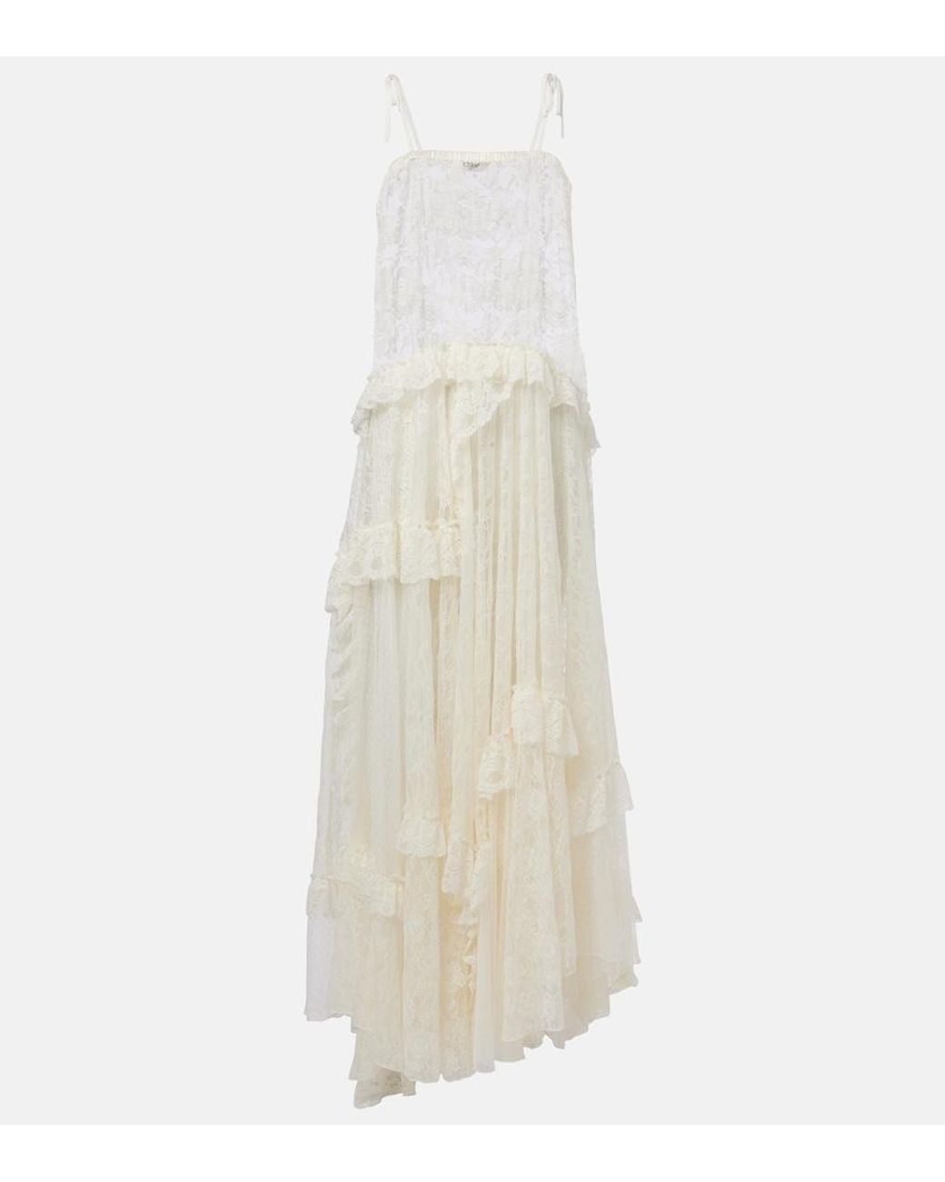 Chloé White Ruffled Sheer Lace Maxi Dress