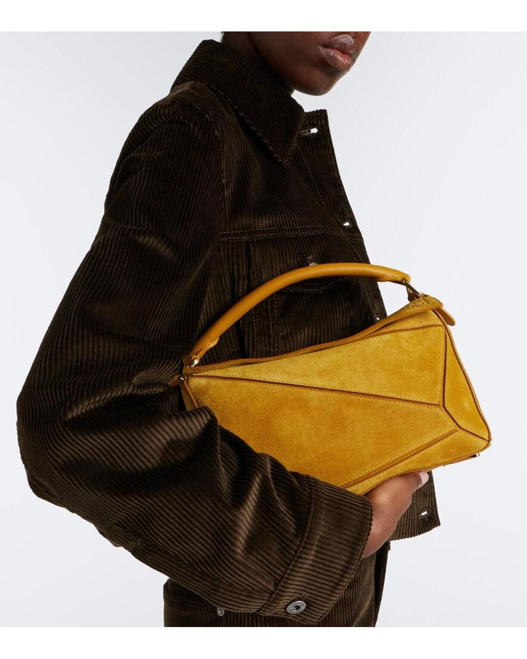 Loewe Yellow Featherlight Puzzle Small Suede Top-Handle Bag