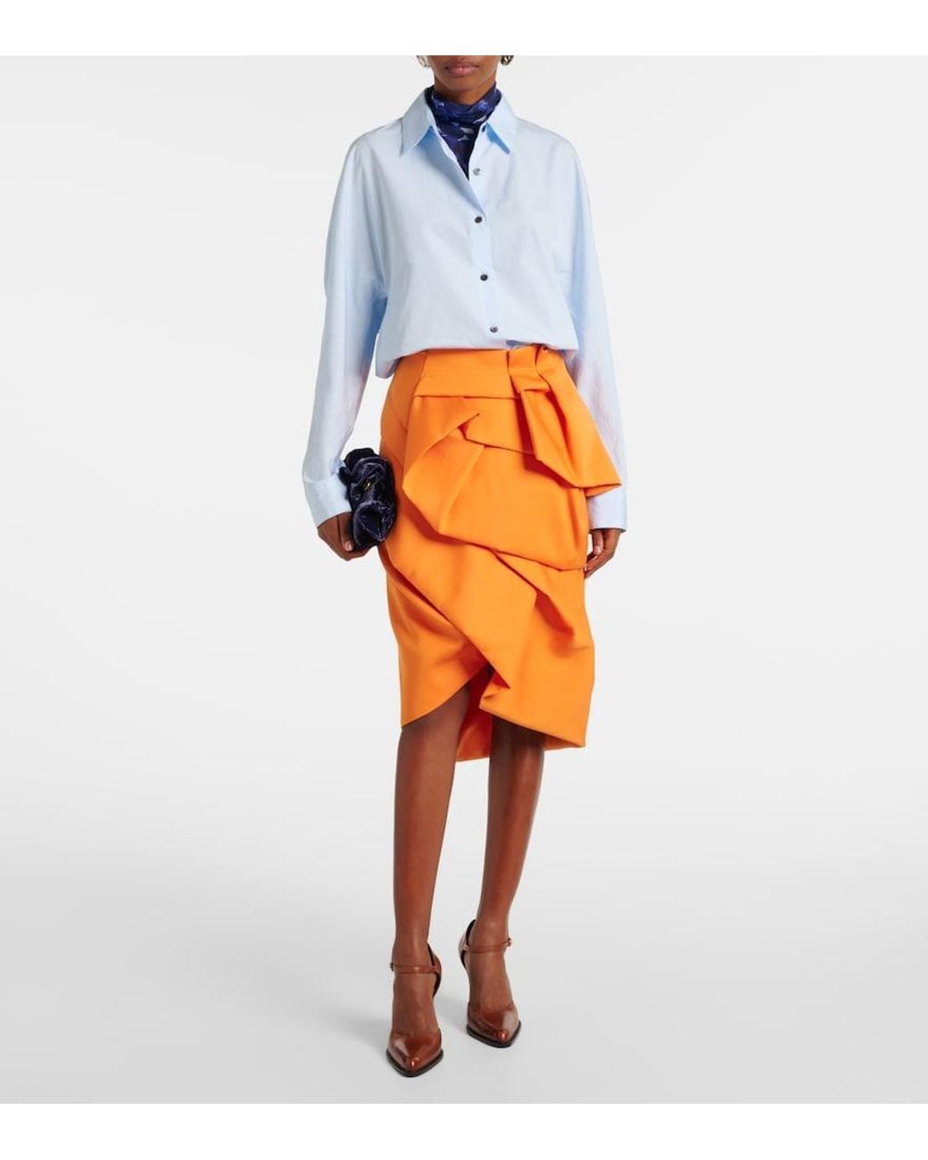 Dries Van Noten Orange Draped Satin Midi Skirt