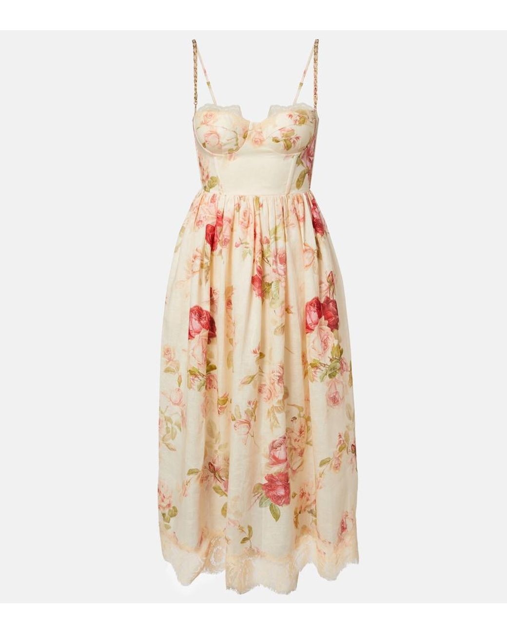 Zimmermann Natural Roselight Floral Linen Bustier Dress