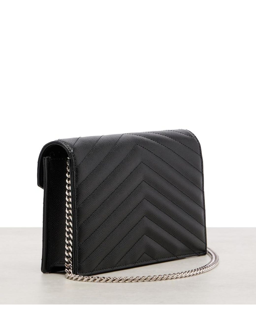 Saint Laurent Black Cassandre Envelope Small Leather Wallet On Chain