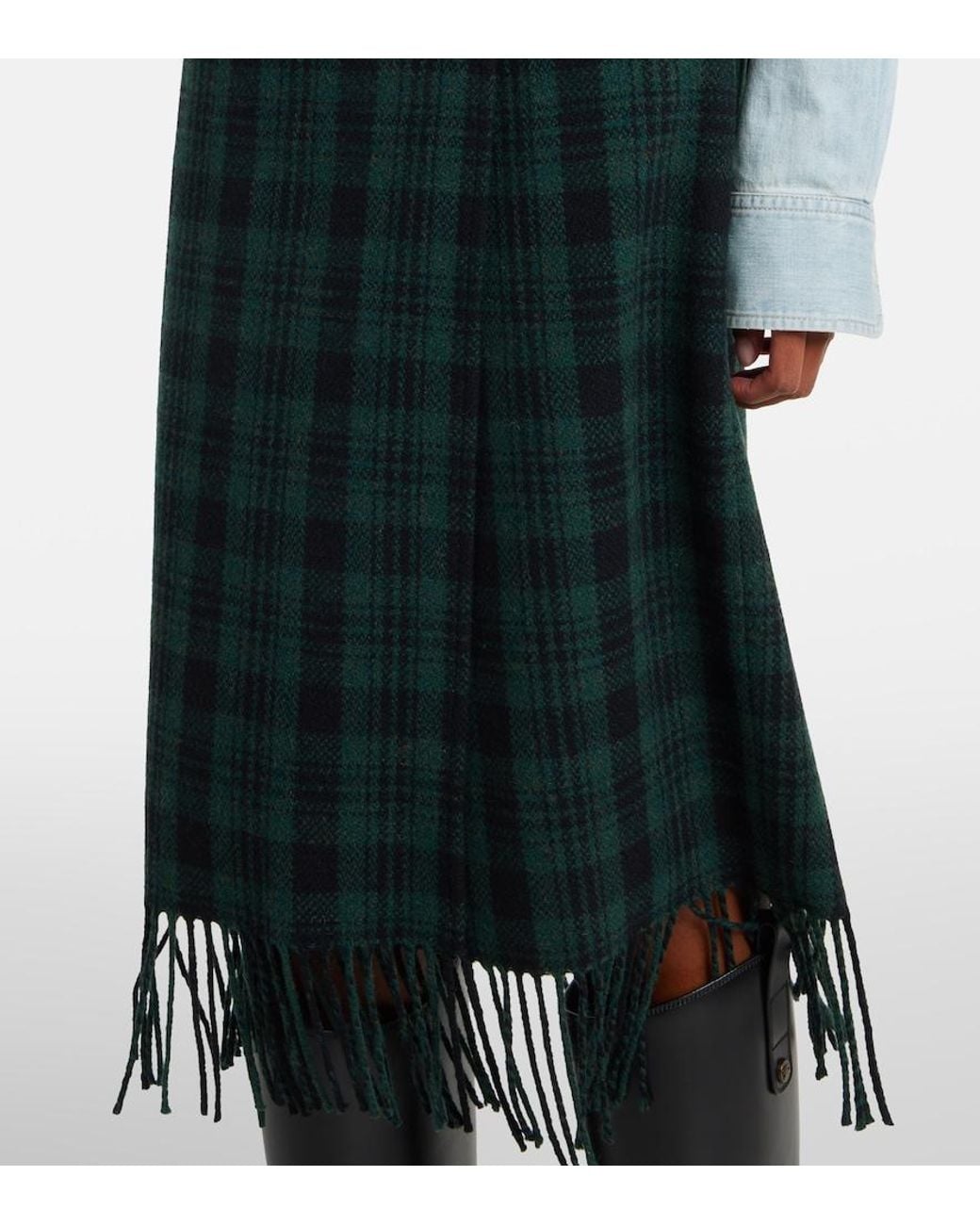 Polo Ralph Lauren Green Checked Fringed Wool-Blend Wrap Skirt