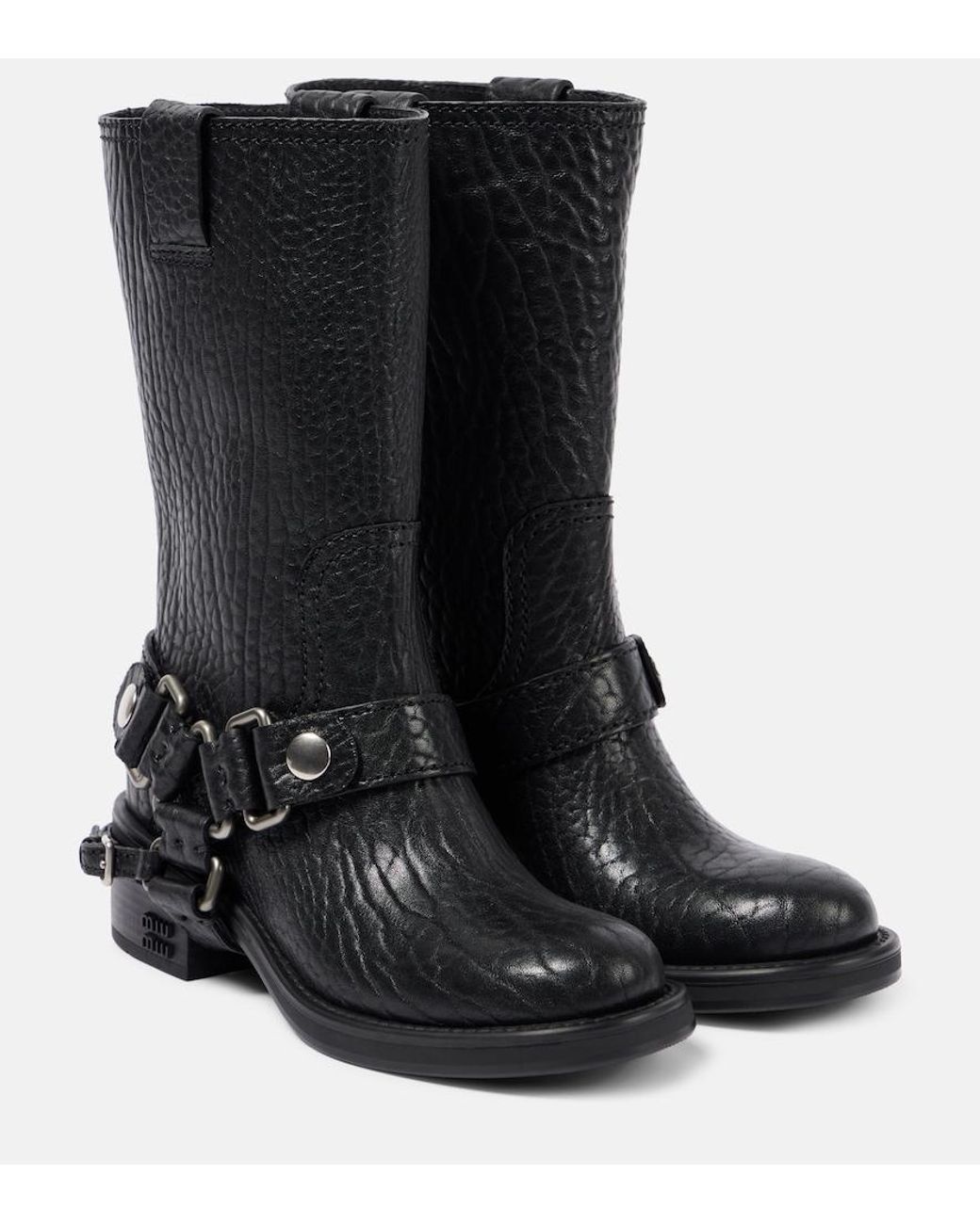 Miu Miu Leather Biker Boots in Black | Lyst UK