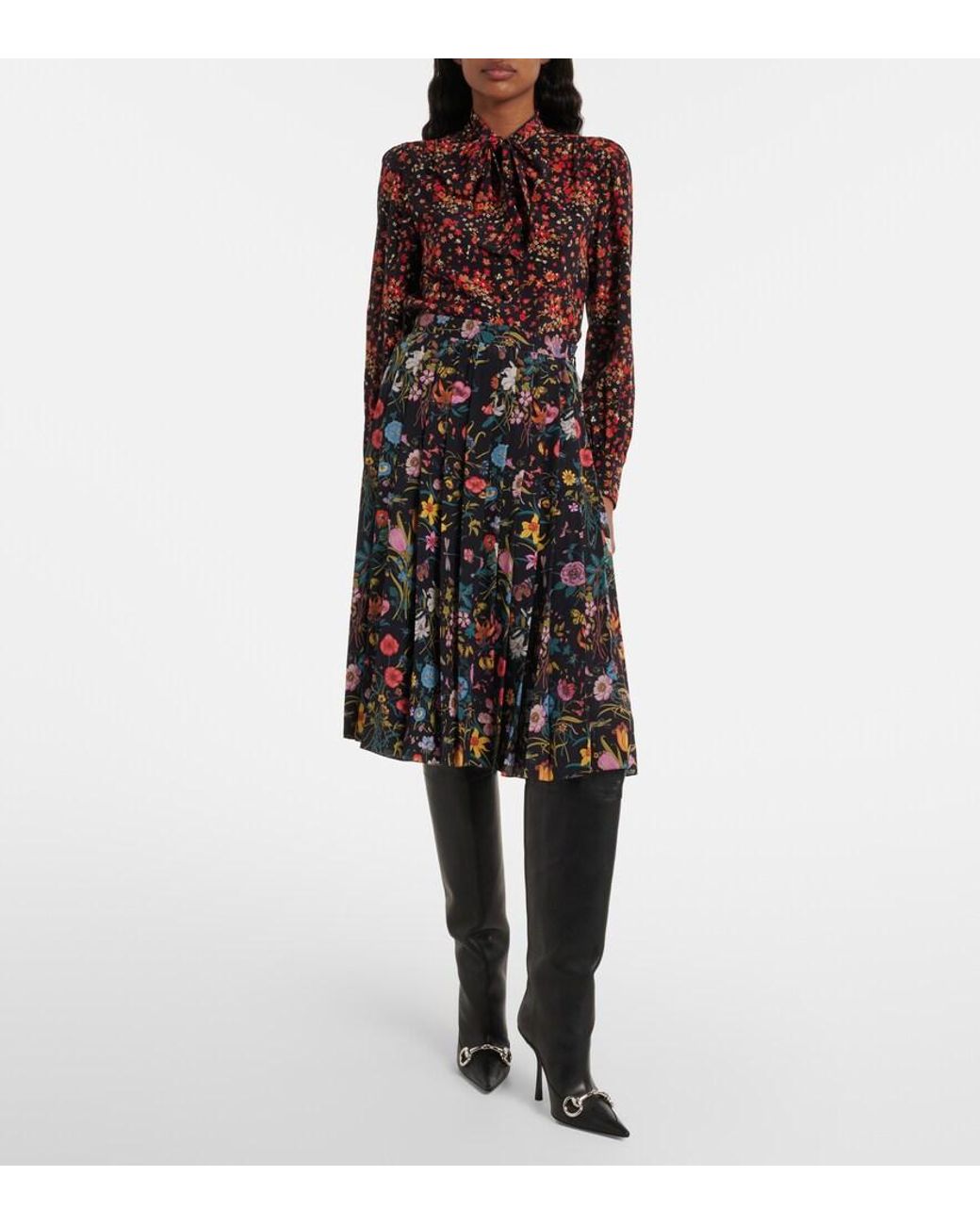 Gucci Red Bow-Detail Floral Silk Blouse