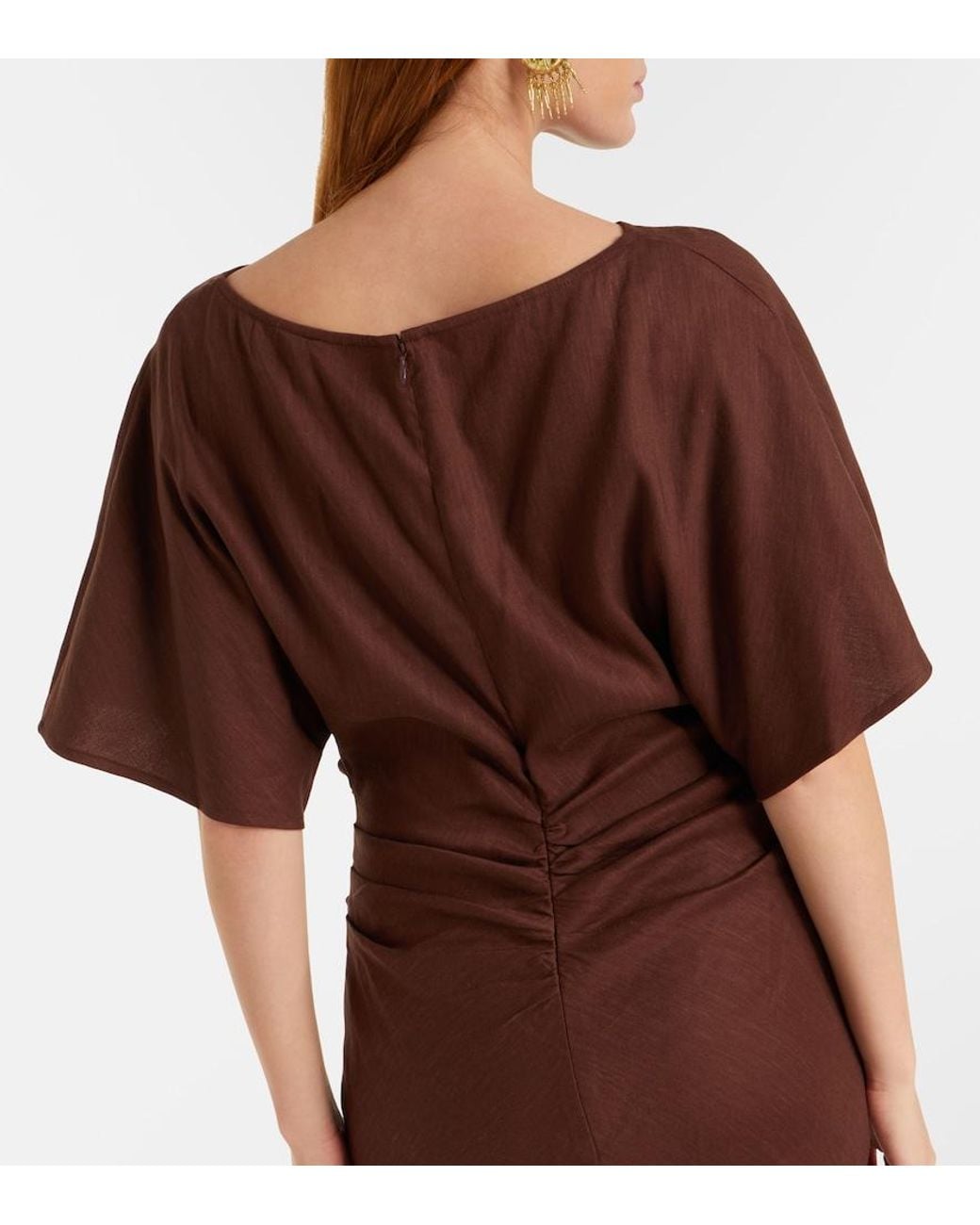 Staud Brown Amelie Linen-Blend Midi Dress