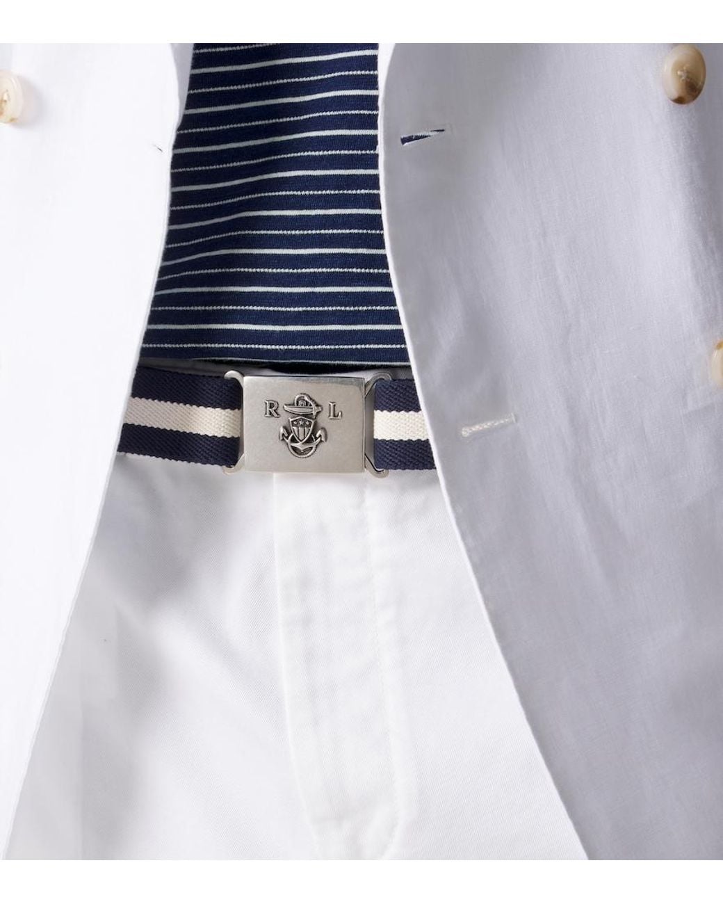 Ralph Lauren Blue Striped Leather-Trimmed Belt for men