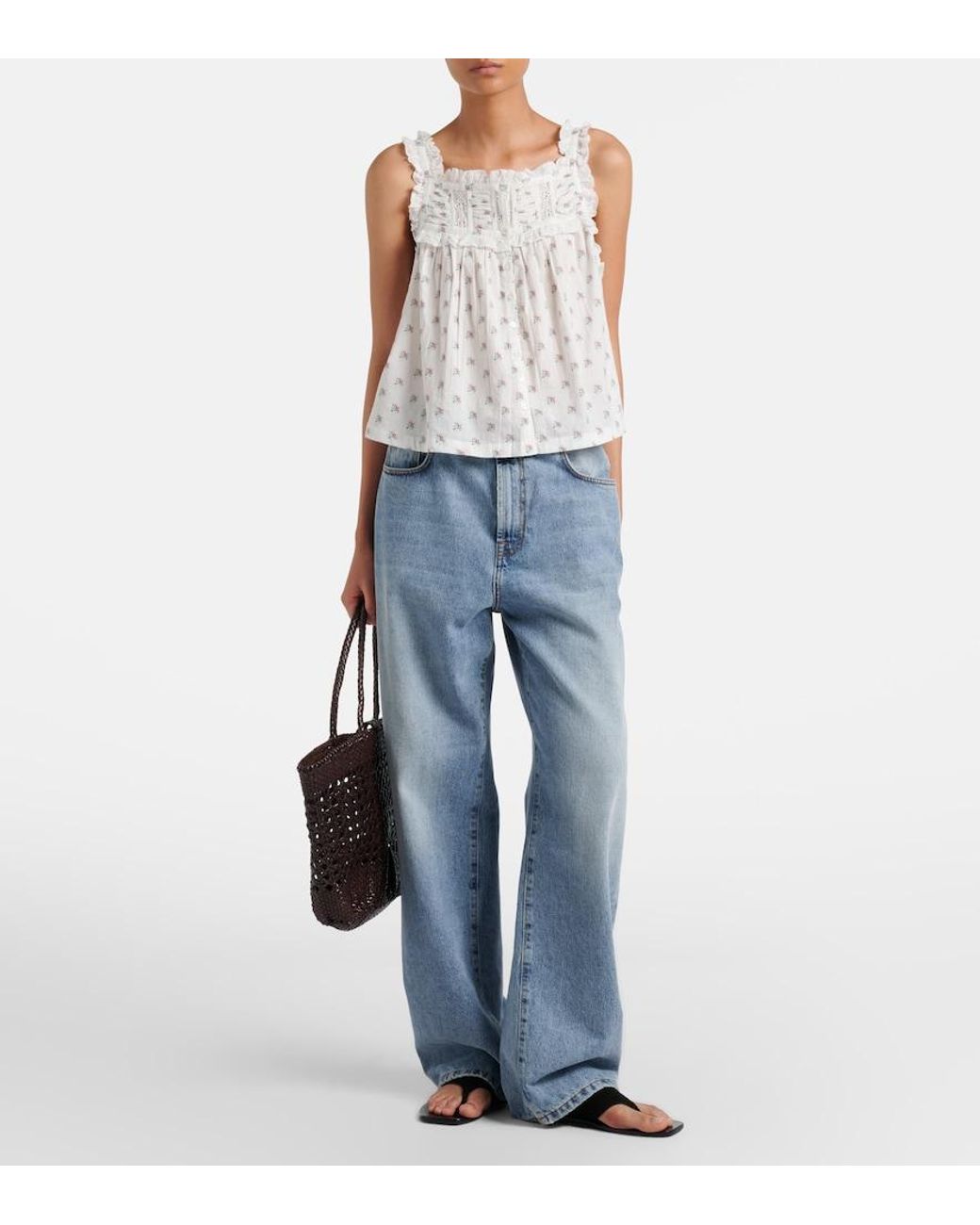 Doen White Fidella Floral Lace-Trimmed Cotton Top