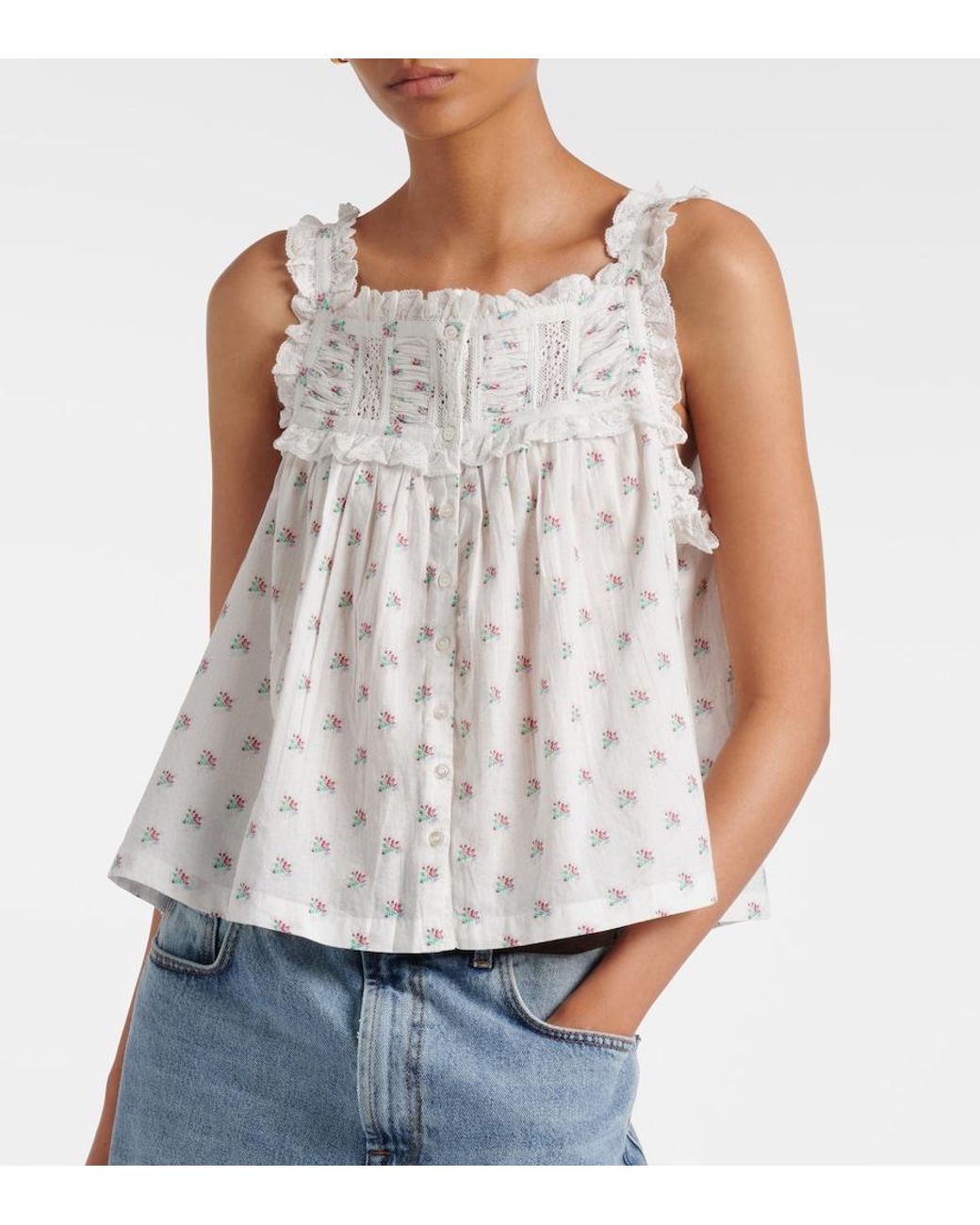 Doen White Fidella Floral Lace-Trimmed Cotton Top
