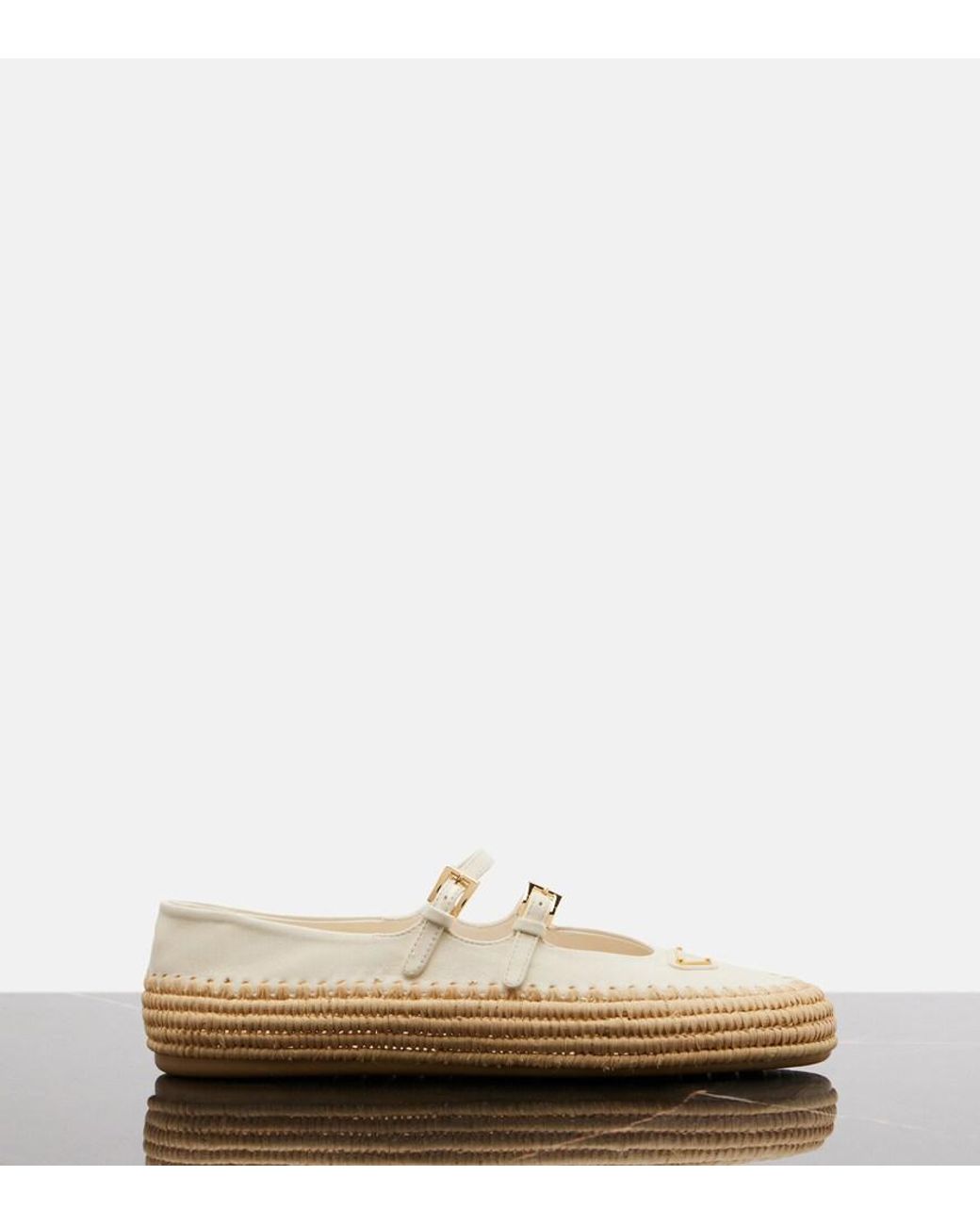 Prada Leather And Raffia Mary Jane Flats in Natural | Lyst UK