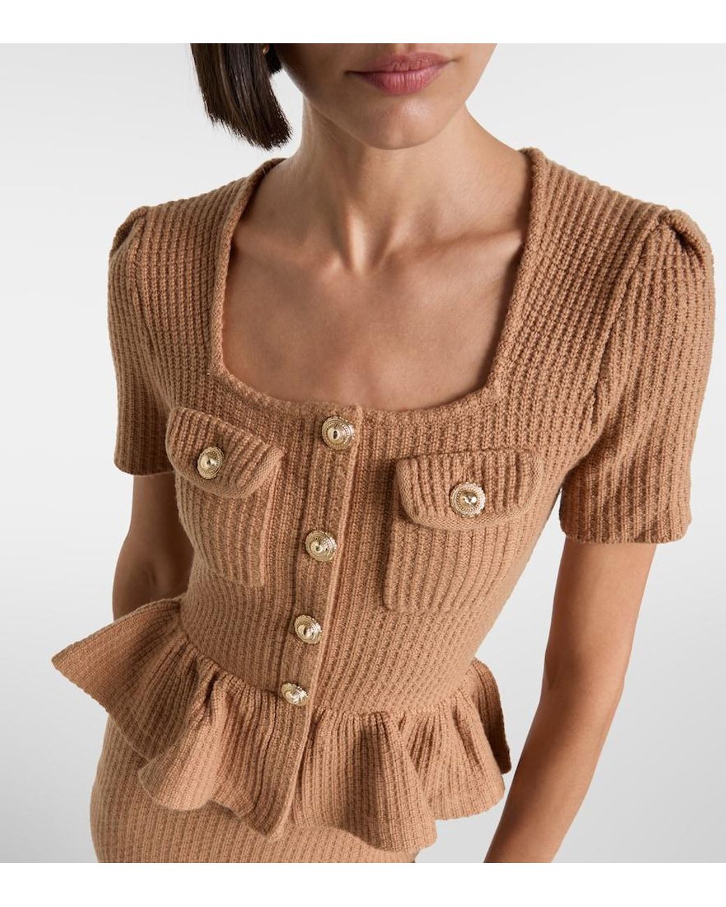 Self-Portrait Brown Peplum Waffle-Knit Midi Dress