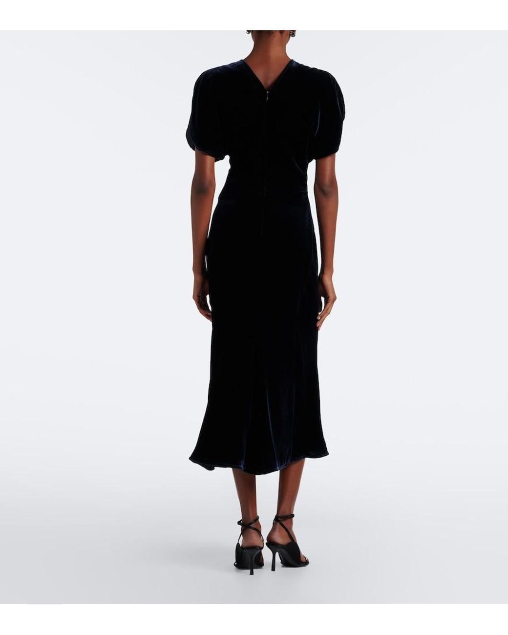 Victoria Beckham Black Bela Gathered Velvet Midi Dress