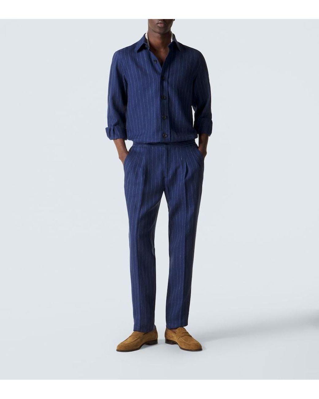 Rubinacci Blue Striped Linen And Wool Shirt for men
