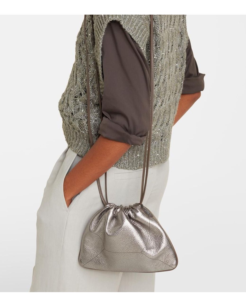 Brunello Cucinelli Gray Monili Small Metallic Leather Crossbody Bag