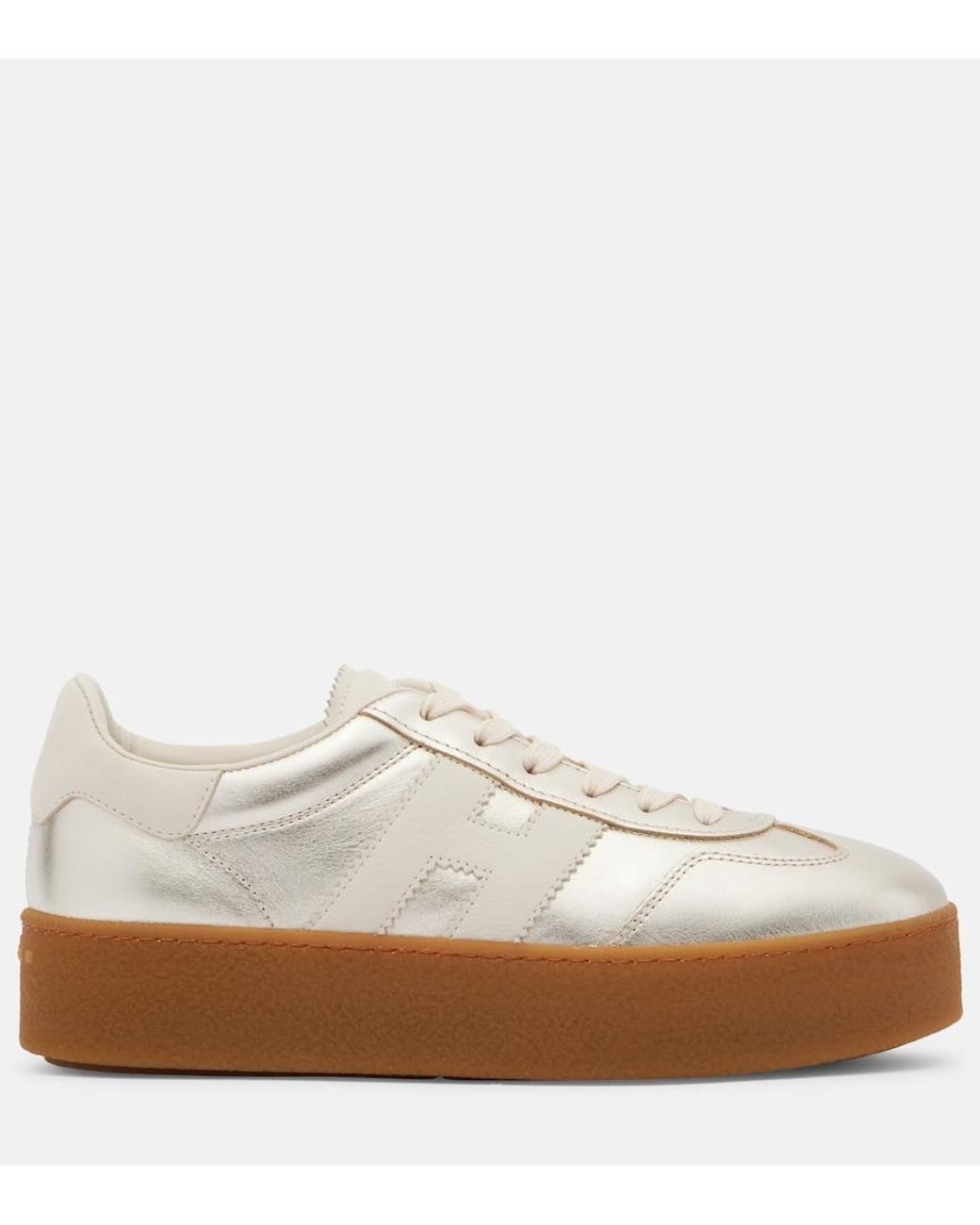 Hogan White H698 Metallic Leather Platform Sneakers