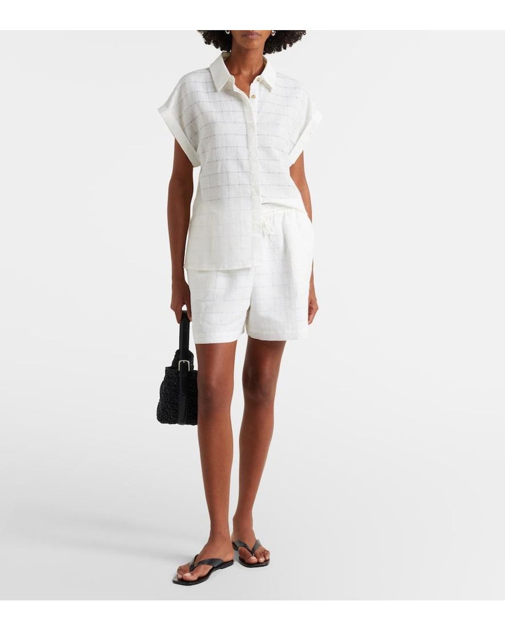 Asceno White Boston Checked Linen And Cotton Shorts