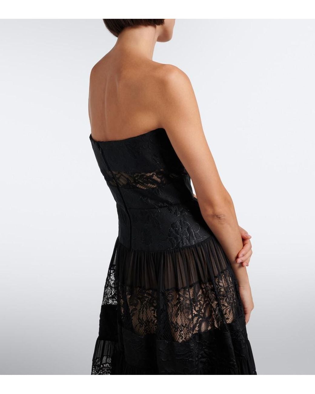 Elie Saab Black Lace-Trimmed Floral Jacquard Gown