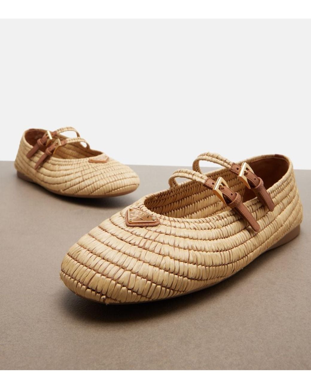 Prada Brown Crochet Raffia-Effect Mary Jane Flats