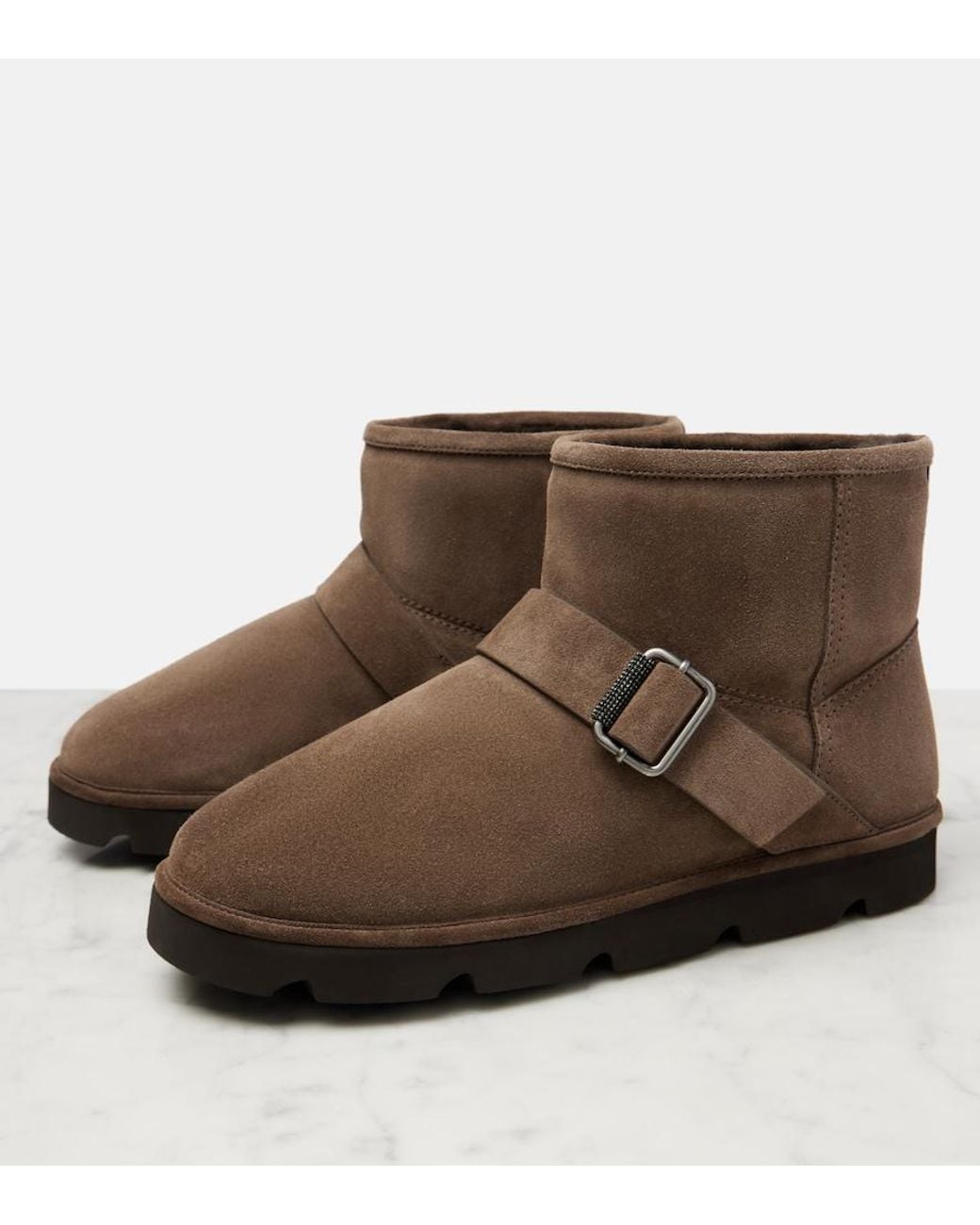 Brunello Cucinelli Brown Shearling-Lined Suede Ankle Boots