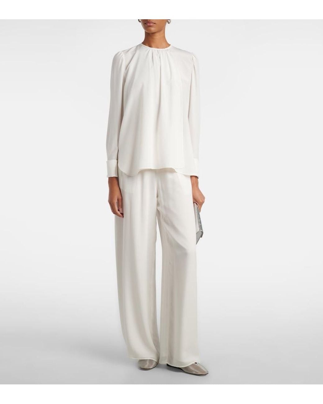 Oscar de la Renta White Mid-Rise Silk Straight Pants