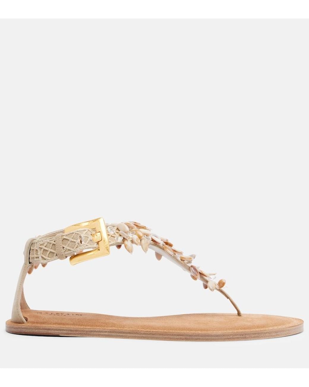 Balmain Natural Embellished Suede Thong Sandals