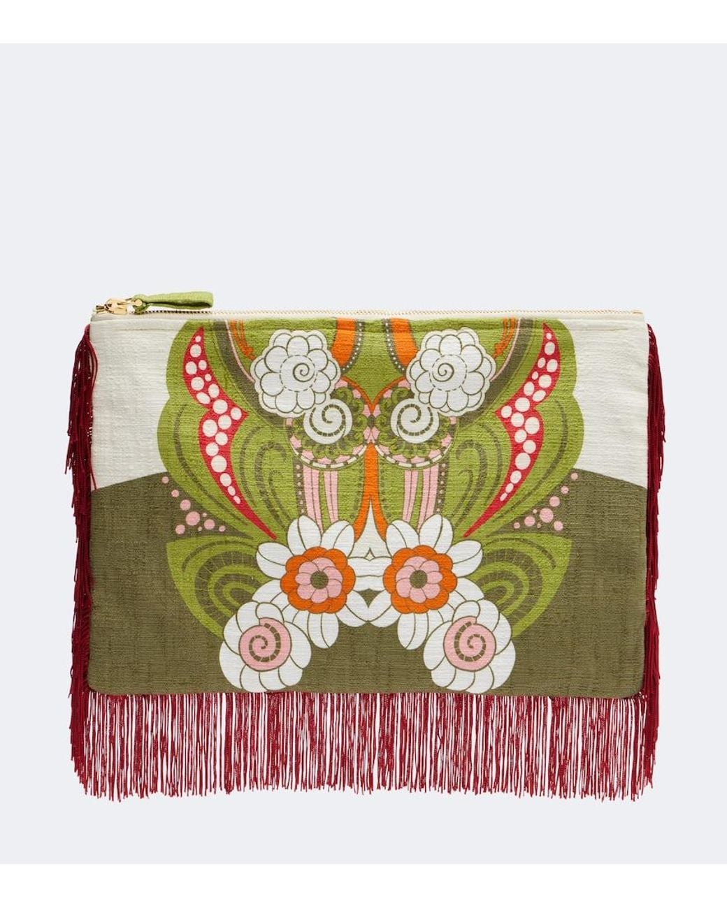 LaDoubleJ Green Fringed Printed Cotton Canvas Pouch