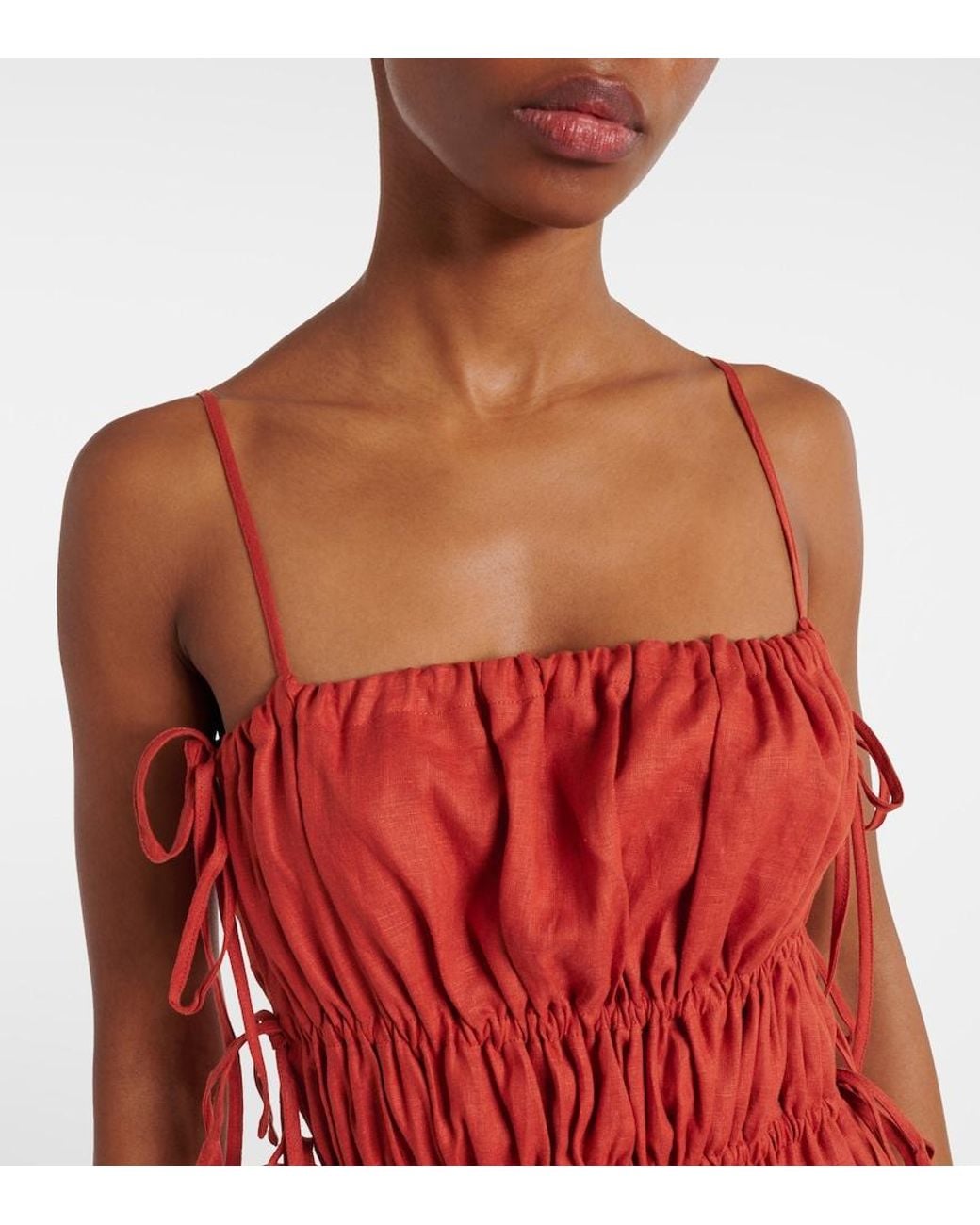 Asceno Red Eze Ruched Linen Midi Dress