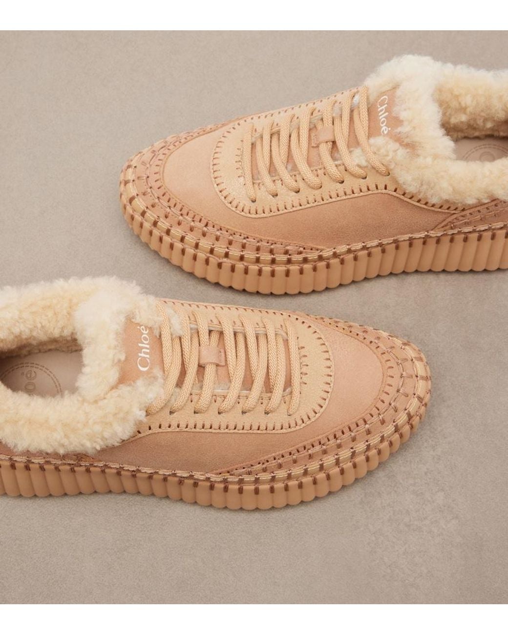 Chloé Natural Nama Shearling-Lined Suede Platform Sneakers