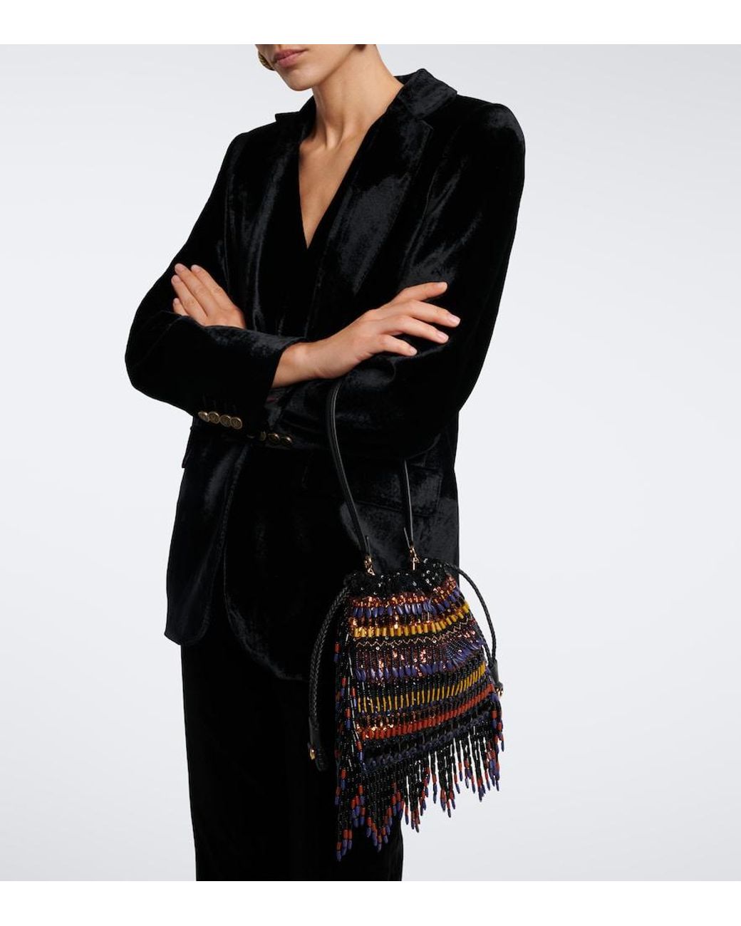 Etro Black Kalispera Small Beaded Fringed Shoulder Bag